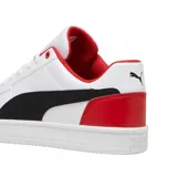 Championes Puma Ferrari Caven 2.0 de cuero sintético blanco con detalles en negro y rojo.