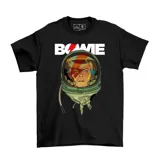 Remera negra de algodón con estampado de David Bowie con casco de astronauta y la palabra "Bowie" en blanco. Corte clásico.