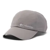 Gorra deportiva gris claro de nailon y elastano, con logo de Columbia bordado en el frente y perforaciones láser para ventilación.