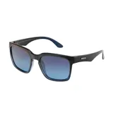 Lentes de sol cuadrados con marco negro y lentes degradadas de azul a transparente. El logo de la marca MDQ está grabado en la patilla.