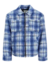 Sobrecamisa corta de manga larga con cuello sport y fit cómodo, confeccionada en tejido plano con efecto lana a cuadros azules y grises. Cuenta con cierre frontal de cremallera, puños con botones, solapa cortaviento, bolsillos en pecho y delanteros.