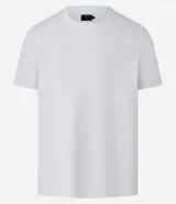 Remera blanca de algodón más sostenible, con cuello redondo, mangas cortas, ajuste slim y textura acanalada.