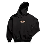 Canguro negro de algodón con capucha y bolsillo frontal. Estampado en el pecho con el logo de la marca Emexem en color rojo, amarillo y blanco.