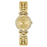 Reloj Guess Ribbon dorado con caja de acero inoxidable de 30mm, esfera champagne con marcadores tipo cristal, malla de acero con eslabones G-Link y detalles de moños con cristales. Resistente al agua 3 ATM.