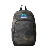 Mochila Rip Curl modelo Ozone de 30 litros, color verde militar y negro, con estampado abstracto de montañas. Presenta un compartimento principal amplio, bolsillo frontal con cierre y logo de Rip Curl con diseño de montaña y sol.
