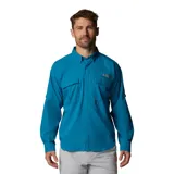 Camisa de manga larga Columbia Shadowcaster Zero para hombre, color azul. Confeccionada con tejido transpirable de secado rápido, protección UV, tecnología refrescante y absorción del sudor. Cuenta con cuello de protección solar, ventilación, mangas enrollables, bolsillos de seguridad, parche de limpieza para gafas de sol, portacañas y bucle de utilidad.