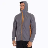 Cortaviento gris con detalles en naranja, ultra liviano, de secado rápido, con capucha y bolsillos internos.