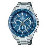 Reloj Casio Edifice plateado con esfera azul, bisel azul con números y detalles en blanco, y correa de acero inoxidable.