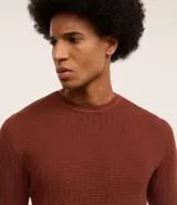 Suéter masculino de malla de viscosa y poliamida color gris claro, con textura de cuadros grid, cuello redondo y mangas largas.