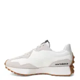Championes urbanos New Balance modelo 327, color blanco y gris con detalles en negro, confeccionados en gamuza y nylon, con logo "N" característico en los laterales y suela de goma marrón.