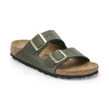 Sandalia Birkenstock Arizona de dos correas, color verde con hebillas doradas.