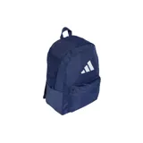 Mochila Adidas Classic 3 Barras Logo, color azul marino con logo de Adidas en blanco. Tiene un compartimento principal con cierre, un bolsillo frontal con cierre, dos bolsillos laterales sin cierre y correas acolchadas ajustables.