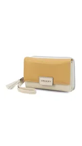 Billetera mediana marca Lincoln's confeccionada en cuero sintético con diseño bicolor. Presenta una tapa en tono dorado metalizado con cierre de presilla y cuerpo negro con compartimento de cremallera. Cuenta con múltiples divisiones internas para tarjetas, billetes y monedas, además de una práctica correa de mano.