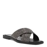 Sandalia plana color negro con tiras cruzadas con apliques brillantes.