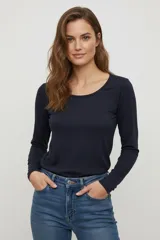 Remera manga larga azul marino de algodón y elastano, lisa, al cuerpo y cuello a la base.