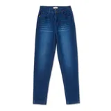 Pantalón de jean azul oscuro, de corte recto, con cierre de cremallera y botón metálico. Diseño de cinco bolsillos y parche con logo en la parte trasera de la pretina.