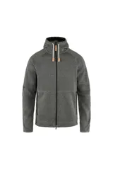 Hoodie de felpa en color gris oscuro, con cierre frontal y capucha ajustable.