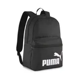 Mochila Puma Phase de color negro, con compartimento principal amplio y bolsillo frontal con cierre. Presenta el logo grande de Puma en blanco en la parte frontal inferior.