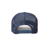 Gorra azul con paneles frontales rígidos y paneles traseros de malla. Presenta un parche circular con el logo de Rip Curl Wetsuits en tonos naranja y amarillo.