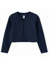 Bolero azul marino de manga larga con cuello redondo y cierre frontal con dos botones.