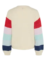 Sweater de punto color crema con cuello redondo y mangas largas con rayas horizontales en colores rojo, celeste, azul y rosa.