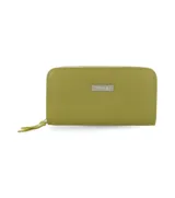 Billetera de cuero de diseño minimalista, con cierre y compartimientos internos.