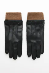 Guantes cortos negros de efecto piel con puño de lana marrón.