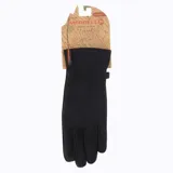 Guantes negros de microfleece con ajuste en la muñeca y logo de la marca en color naranja.