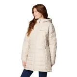Chaqueta Columbia Powder Lite II Mid para mujer, color beige, con capucha y cierre frontal. Cuenta con tecnología Omni-Heat™ para mantener el calor y Omni-Shield™ para repeler la humedad.