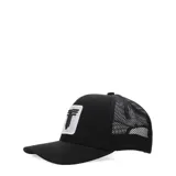Gorra negra con paneles de malla en los laterales y logo bordado en blanco en el frente.