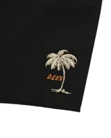 Short de baño negro con cordón ajustable en la cintura y logo de Deus Ex Machina con una palmera bordado en la pierna derecha.