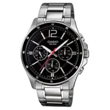 Reloj clásico de acero inoxidable, chapado en plata, con esfera negra y múltiples funciones.