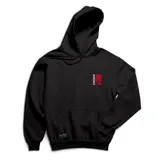 Canguro negro con capucha y bolsillo delantero, con logo de la marca en el pecho y estampado en la espalda.