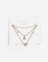Collar corto de tres cadenas plateadas, una con bolitas, otra con strass y otra con dije de estrella de cinco puntas.