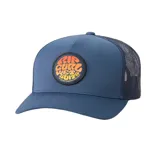 Gorra azul con paneles frontales rígidos y paneles traseros de malla. Presenta un parche circular con el logo de Rip Curl Wetsuits en tonos naranja y amarillo.