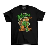 Remera negra de algodón con estampado de Blanka, personaje del videojuego Street Fighter. Diseño de la marca Emexem Originals.