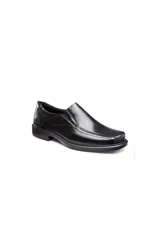 Zapato formal tipo mocasín de cuero negro, con puntera cuadrada y suela de goma. Presenta un diseño slip-on con elástico lateral para facilitar el calce.