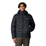 Campera puffer negra para hombre, marca Columbia, modelo Labyrinth Loop II. Confeccionada en poliéster con forro Omni-Heat Infinity, capucha ajustable con cordón, puños elásticos, bolsillos con cierre en el pecho y en las manos, y dobladillo ajustable con cordón.