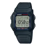 Reloj digital Casio con caja de resina negra, pantalla LCD con retroiluminación LED, correa de resina negra, cronómetro, temporizador, alarma, calendario automático y resistencia al agua de 100 metros.