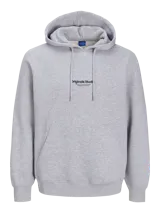 Canguro gris de manga larga con capucha, corte relajado y bolsillo tipo canguro. Estampado con texto en el pecho.