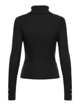 Sweater negro de punto suave con cuello alto y puños acanalados.