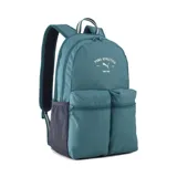 Mochila Puma Phase Class de color verde azulado (teal) con detalles en gris oscuro. Presenta un compartimento principal con cierre de doble cremallera y dos bolsillos frontales con cierre. Incluye un bolsillo lateral de malla. En el frente tiene un estampado blanco con el logo de Puma y el texto "PUMA ATHLETICS DEPT. SINCE 1948".