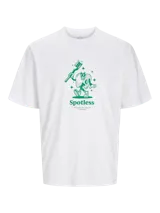 Camiseta blanca de algodón con cuello redondo y mangas cortas. Estampado frontal con un diente animado cepillándose y el texto "Spotless".