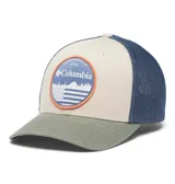 Gorra de béisbol Columbia color beige con paneles traseros de malla azul marino y logo de la marca bordado en el frente.