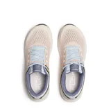 Zapatillas de trail running Merrell Antora 4 para mujer, color rosa pálido con detalles en celeste, negro y amarillo.