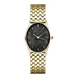 Reloj de acero dorado con esfera negra y correa de malla, resistente al agua.