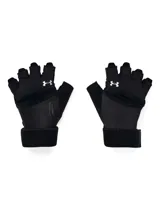 Guantes de entrenamiento Under Armour para mujer, color negro, sin dedos, con logo reflectivo y cierre de velcro ajustable en la muñeca.