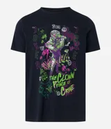 Remera negra de algodón con estampado del personaje The Joker de DC Comics, con cuello redondo y mangas cortas.