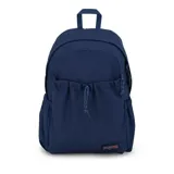 Mochila color azul marino con un compartimento principal grande, bolsillos laterales dobles para botellas de agua y funda acolchada para laptop.