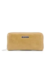 Billetera larga color mostaza con cierre alrededor, múltiples compartimentos para tarjetas y un bolsillo con cierre en el interior. Monedero con cierre en la parte trasera.
